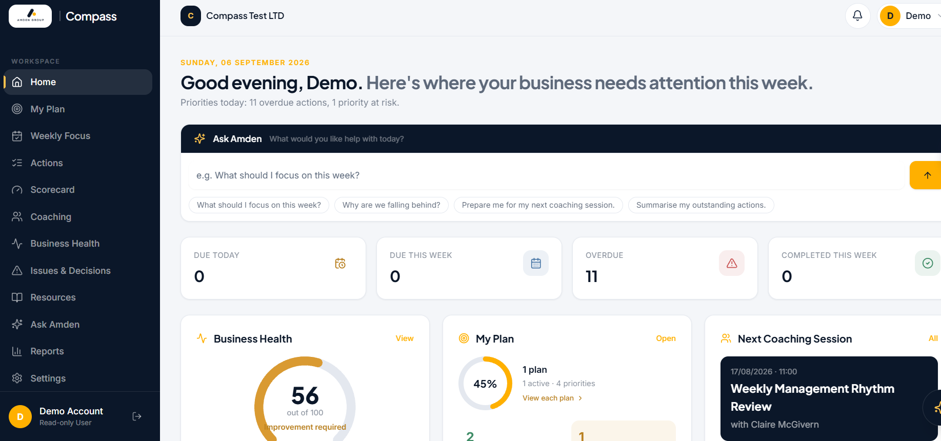 Amden Compass executive dashboard showing Ask Amden, priorities due, overdue actions, Business Health, My Plan progress and the next coaching session (illustrative demonstration data)